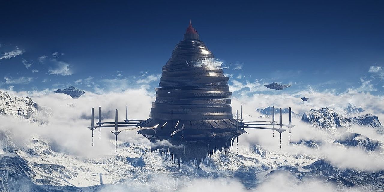 Aincrad, Sword Art Online, exterior shot floating above clouds and snowy mountains
