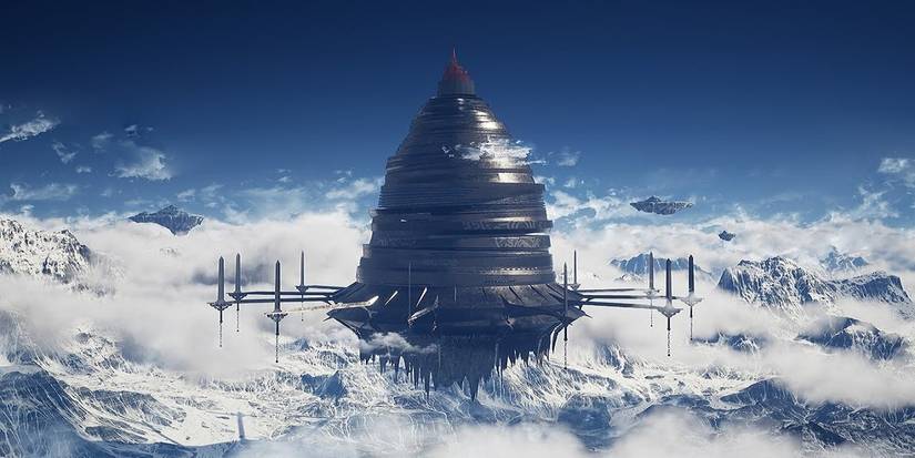 Aincrad, Sword Art Online, exterior shot floating above clouds and snowy mountains