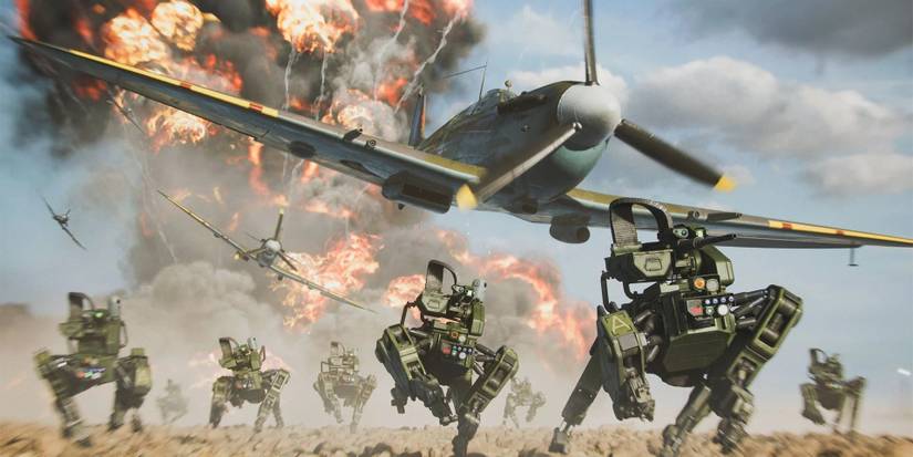 Battlefield2042, robots running from an explosion and a plane