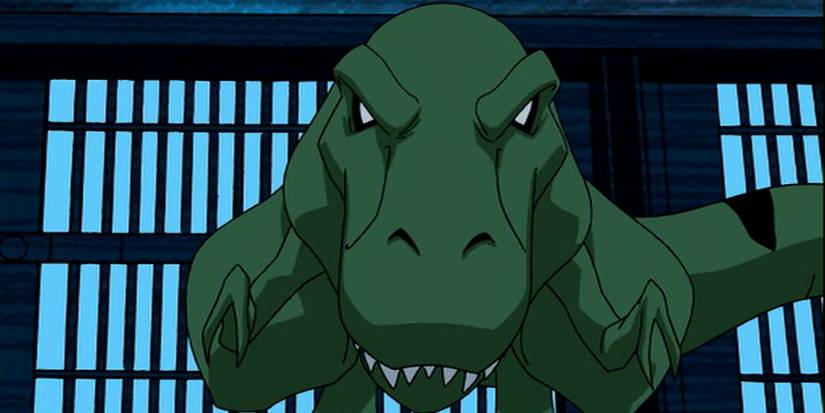 Beast Boy transforms into a dinosaur