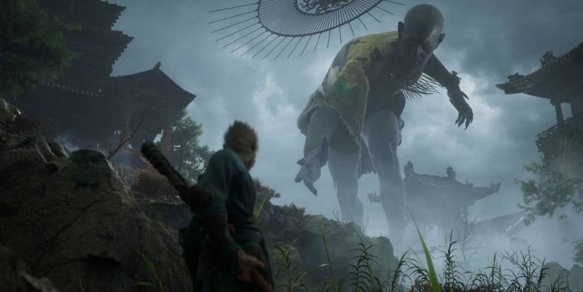 Black Myth Wukong, wukong facing a giant in the night