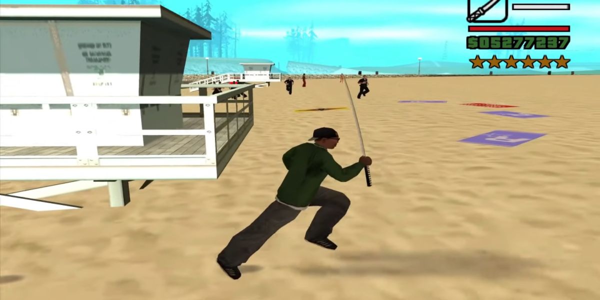 CJ running on the beach with a katana in GTA San Andreas