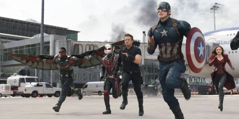 Captain America and his teammates run toward battle in Captain America: Civil War