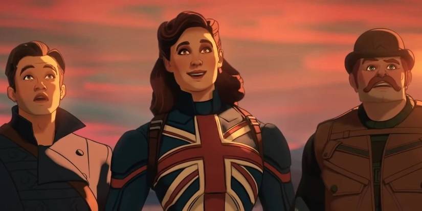 Captain Carter, Bucky Barnes, and Dum Dum Dugan looking up in Marvel's What If