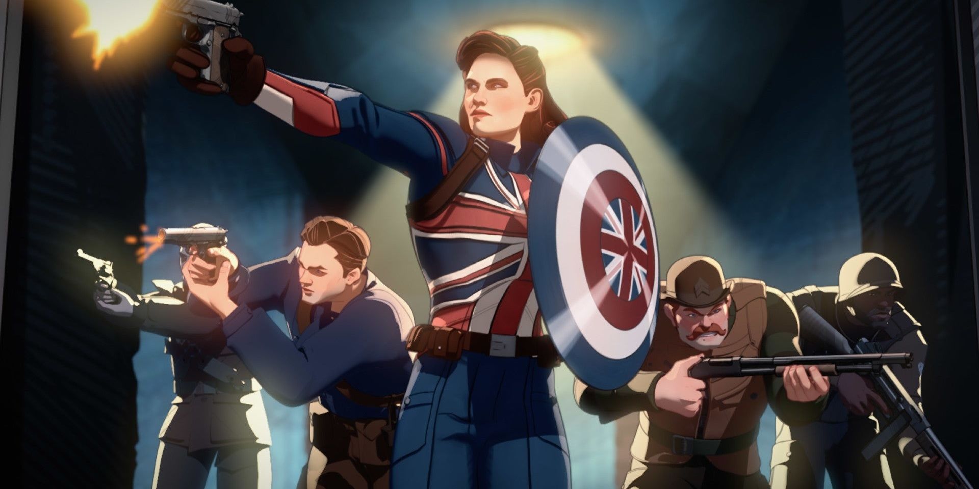 Captain Carter fighting with the Howling Commandos in Marvel's What If