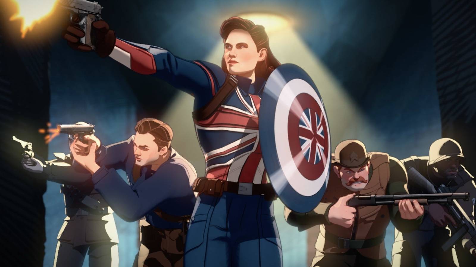 Captain Carter fighting with the Howling Commandos in Marvel's What If