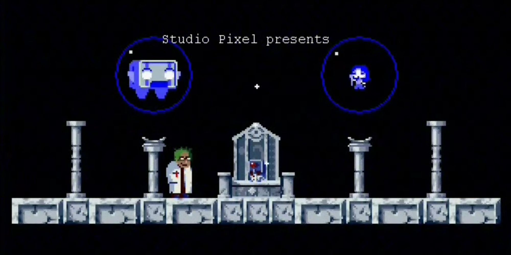 Various characters standing and floating near pillars at night in Cave Story