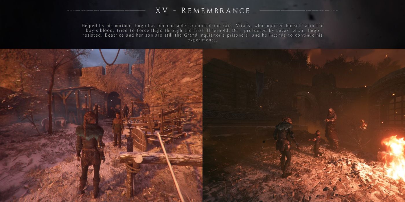 A collage of Amicia, her friends, and Nicholas pushing Hugo in A Plague tale: Innocence