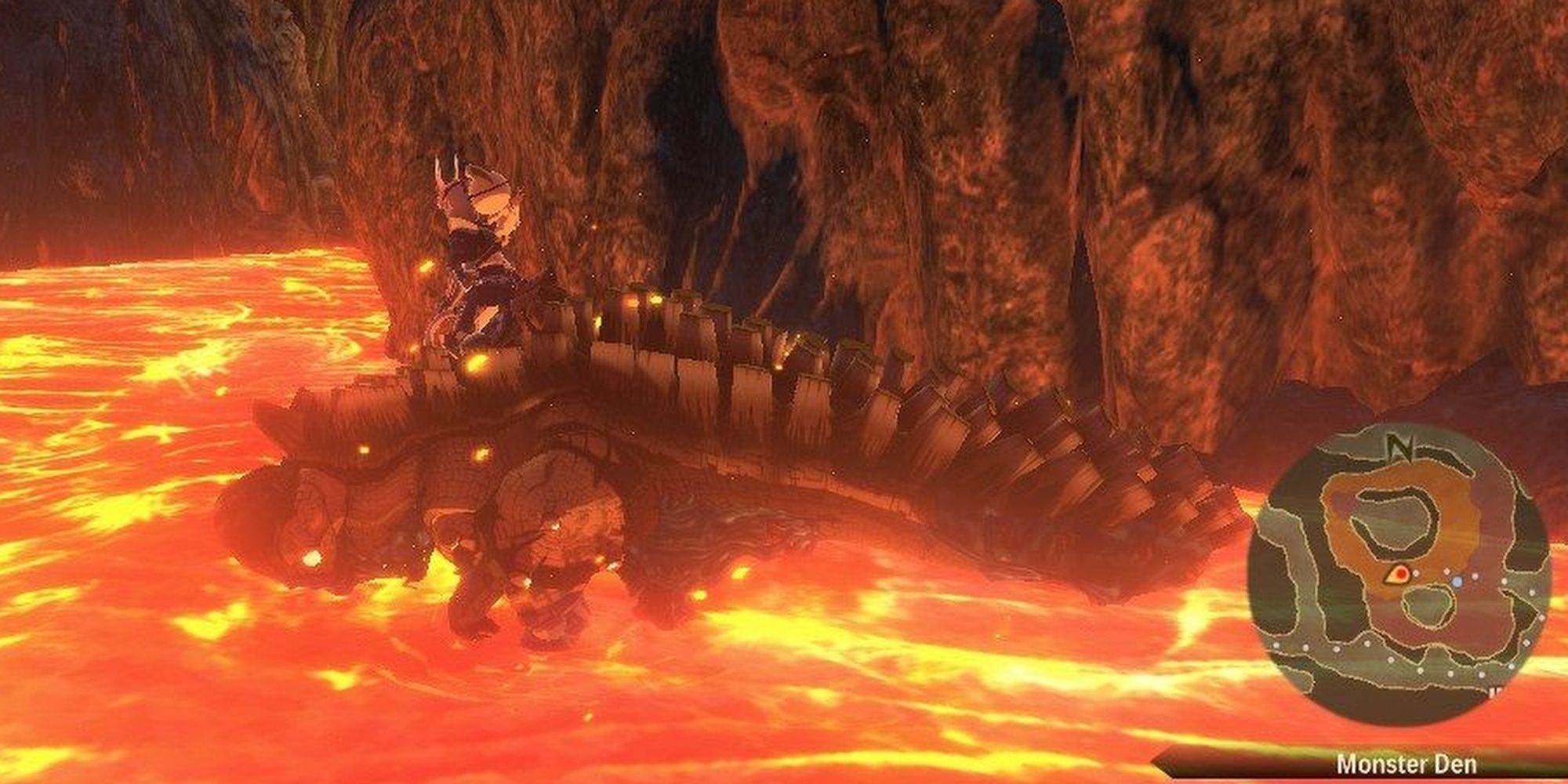 Character Performing Lava Dive Riding Action With Their Monstie In A Monster Den In Monster Hunter Stories 2