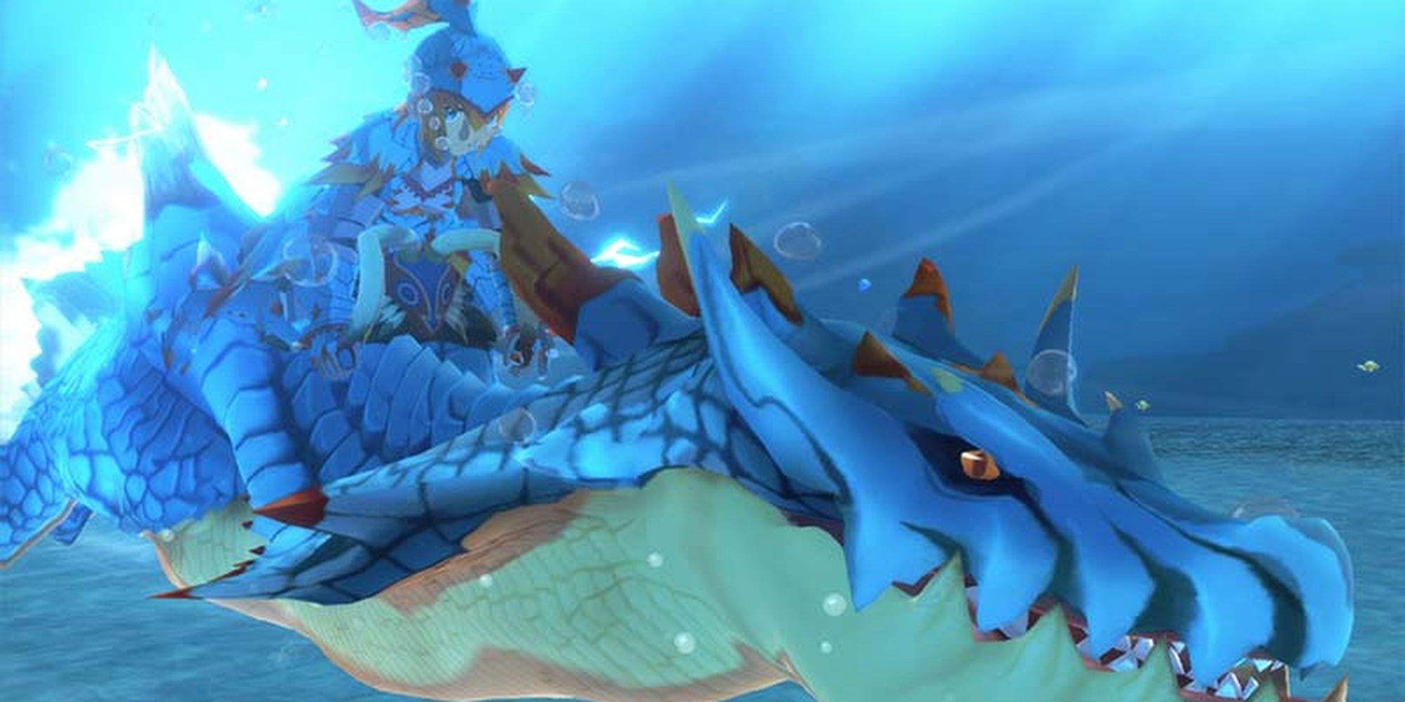 Character Performing Swim Riding Action With Their Monstie Inside A Water Body In Monster Hunter Stories 2