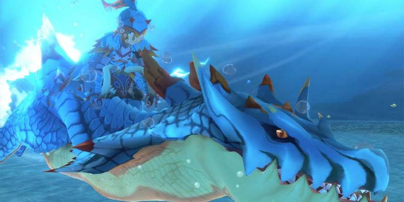 Character Performing Swim Riding Action With Their Monstie Inside A Water Body In Monster Hunter Stories 2