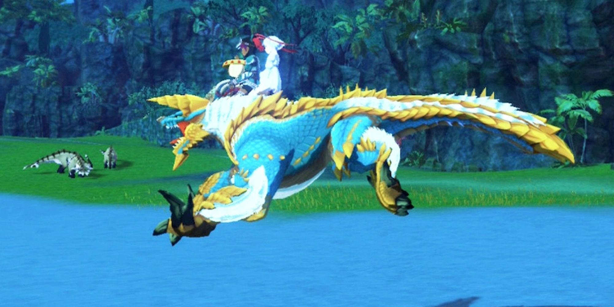 Character Using Their Monstie Companion To Jump And Traverse The Map In Monster Hunter Stories 2