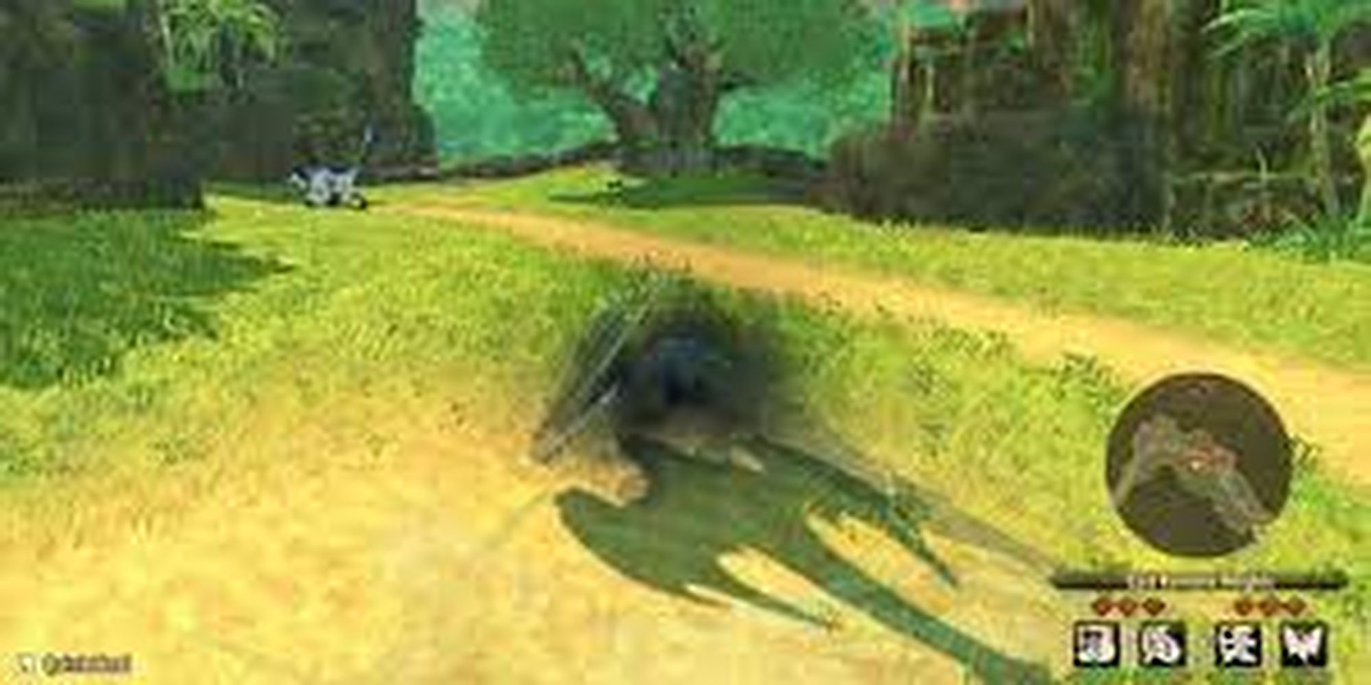 The Player Character In Monster Hunter Stories 2 Using Their Monstie Companion's Stealth Riding Action To Sneak Through The Area