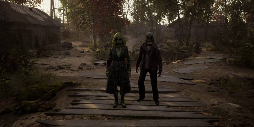 Olga companiong standing with scavenger from Chernobylite