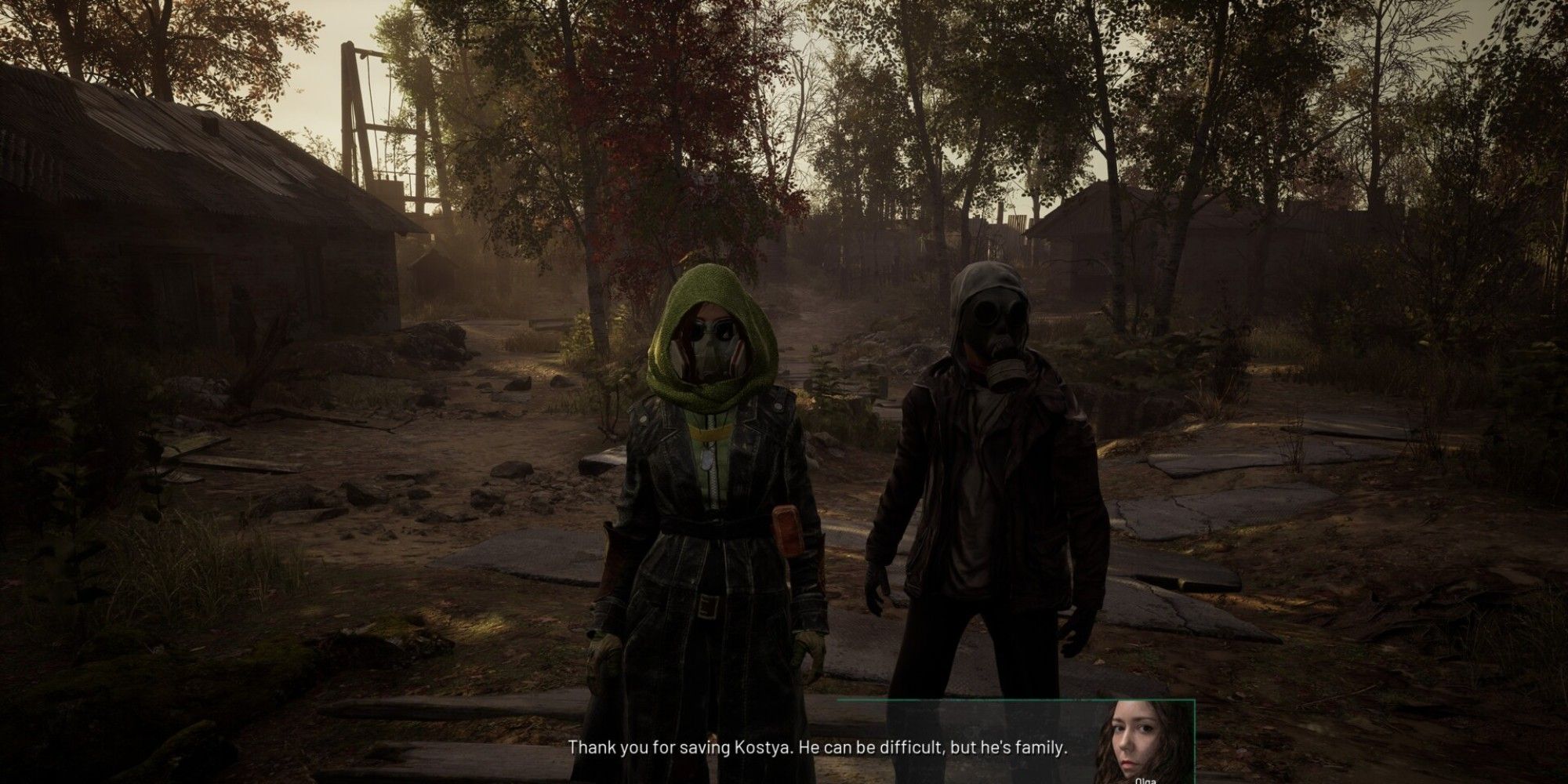 Wide shot of the companion Olga talking to the player next to a man in a hazmat suit