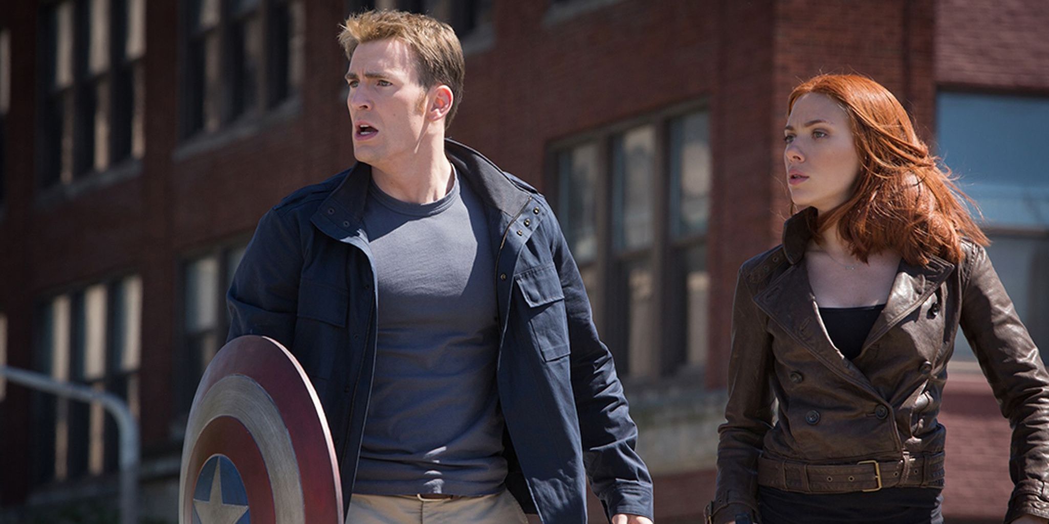 Chris Evans as Captain America and Scarlett Johansson as Black Widow.