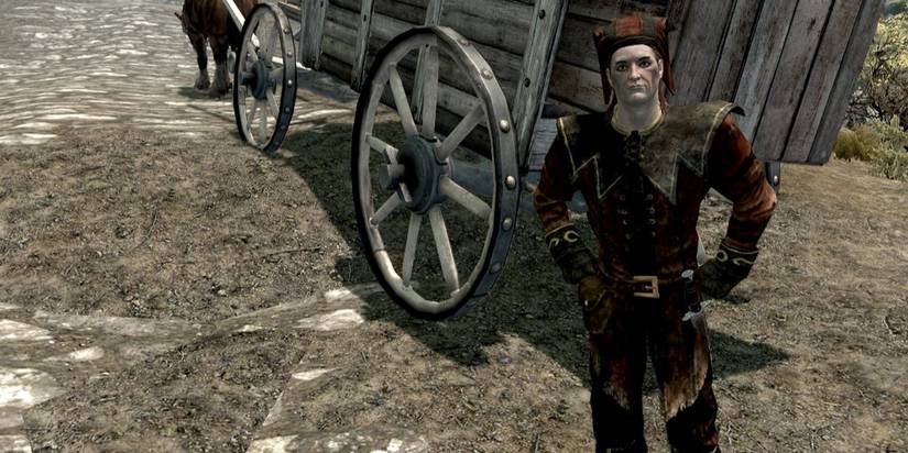 Cicero standing in front of a cart in Skyrim
