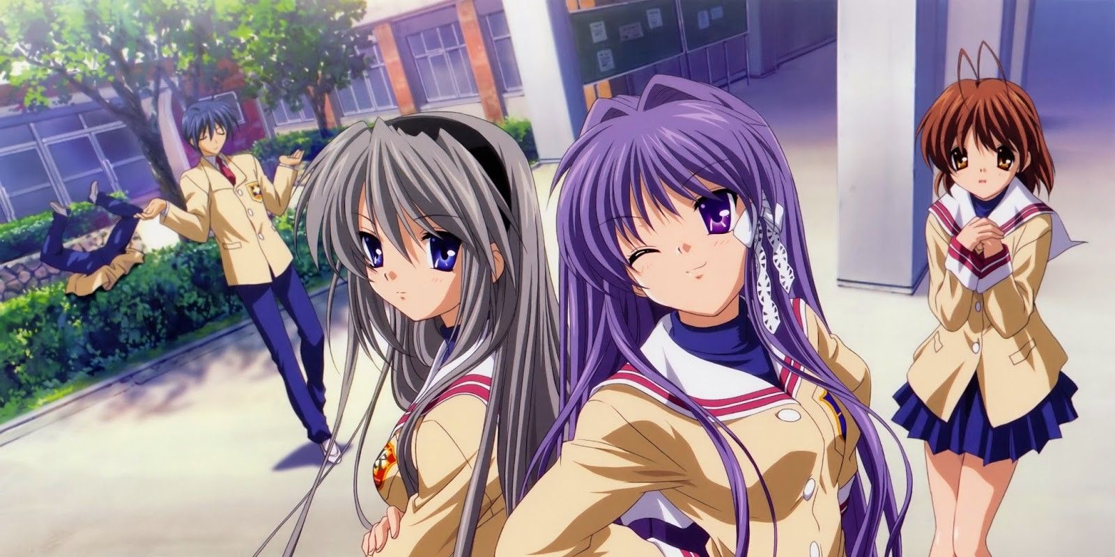 Characters from Clannad in a courtyard.