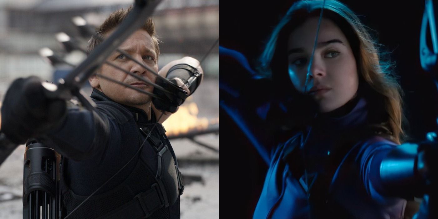 Split image Jeremy Renner as Clint Barton and Hailee Steinfeld as Kate Bishop in Hawkeye