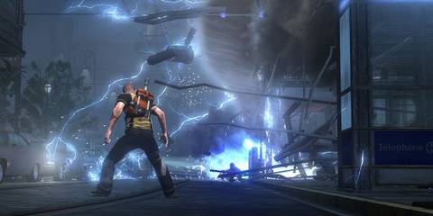 Cole standing near levitating debris in Infamous 2