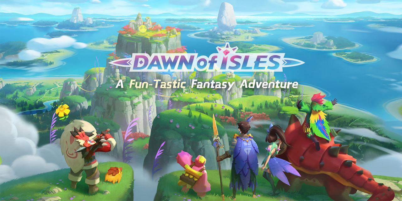 Dawn-of-Isles-mobile-game-cover-image-with-adventurers-overlooking-island