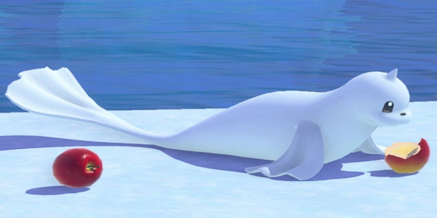 Dewgong eating apples near icy lake in Pokemon Snap Switch