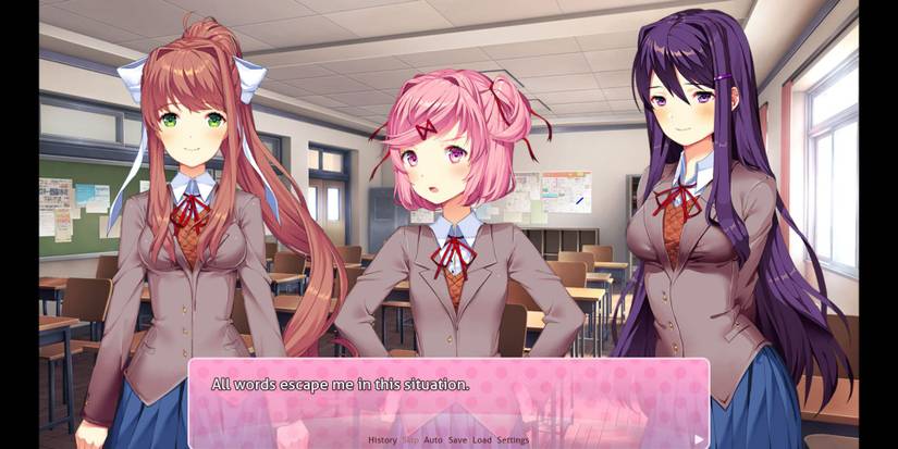 Three characters standing in classroom Doki Doki Literature Club