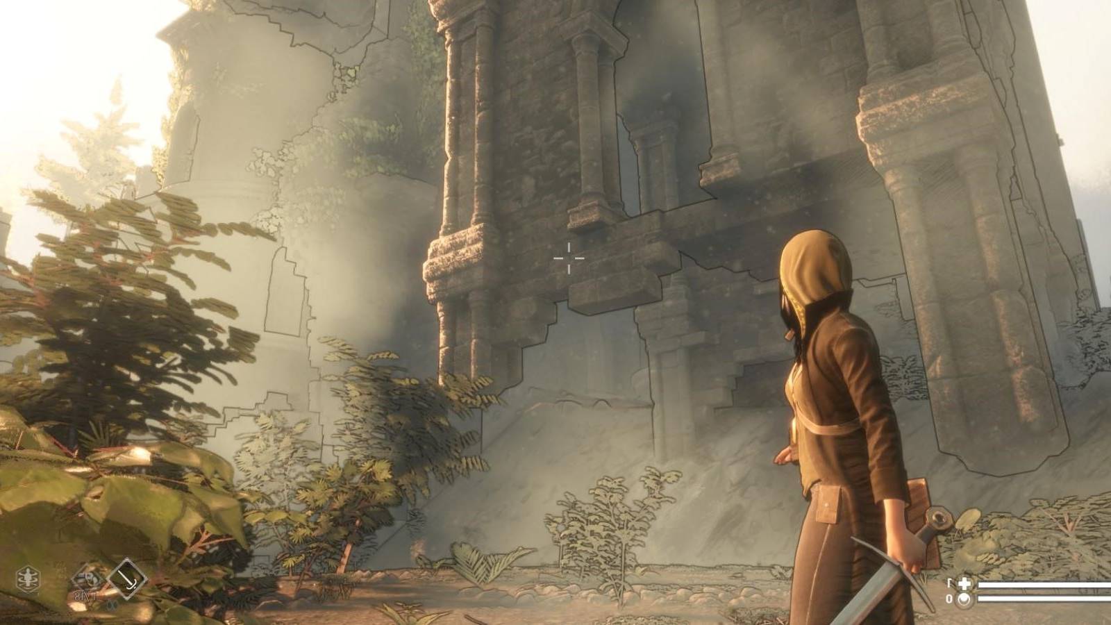 Morgan Carter standing in front of a ruin in Dream Cycle