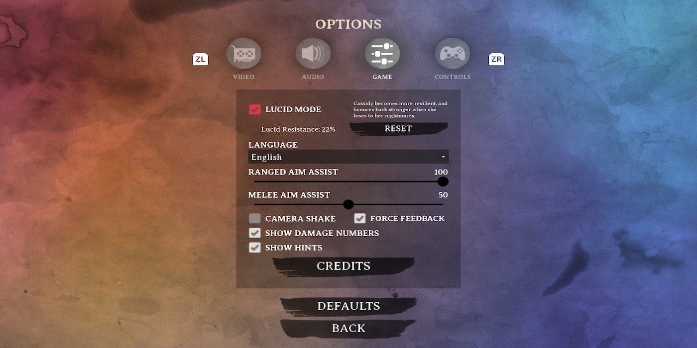 The options menu from Dreamscaper