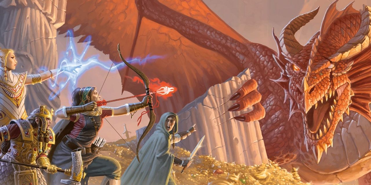Dungeons-Dragons-DM-экран-с-красным-драконом-охраняющим-золото от-группы-авантюристов-1