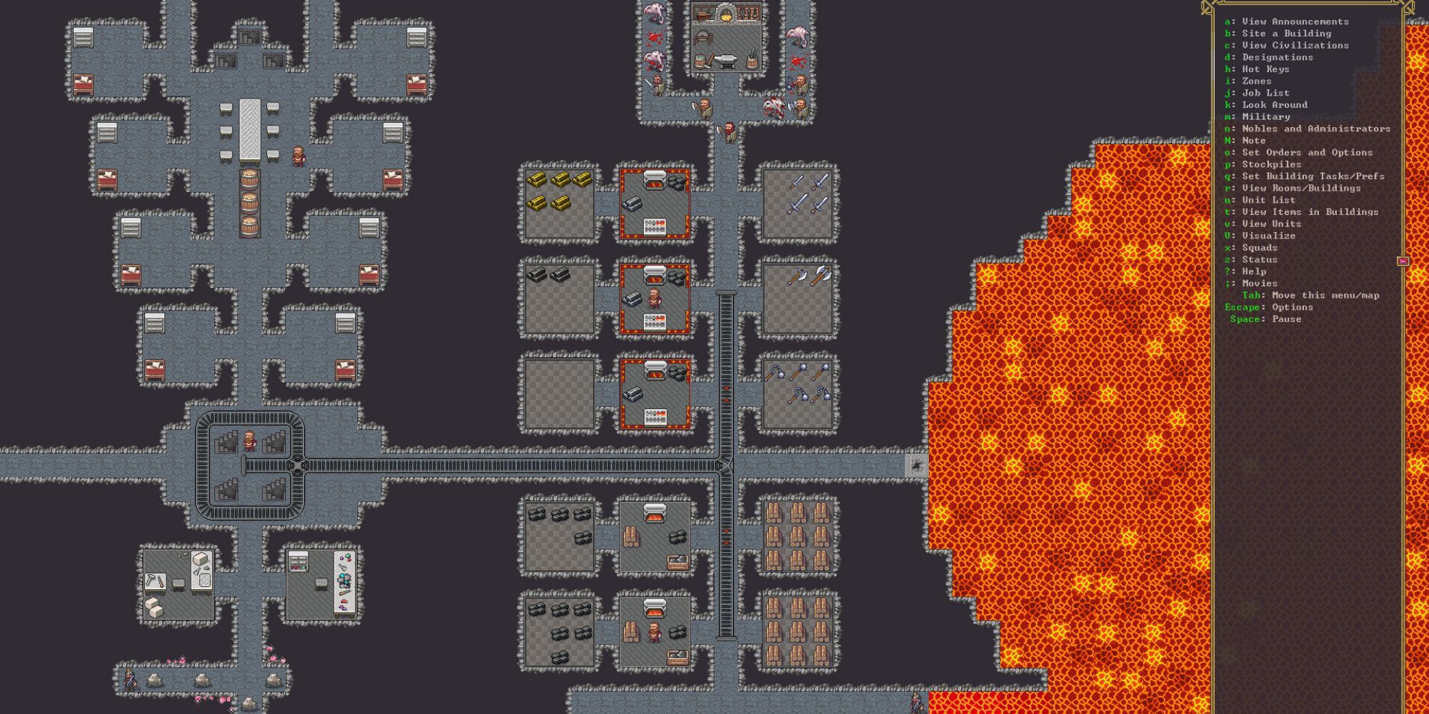 Dwarf Fortress chambers, passages ways, and lava lake