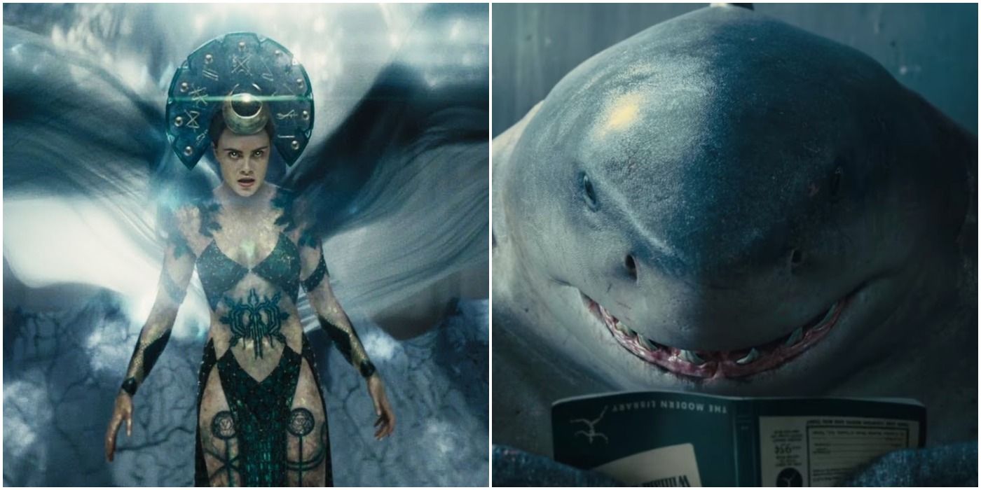 Enchantress in Suicide Squad and King Shark in The Suicide Squad