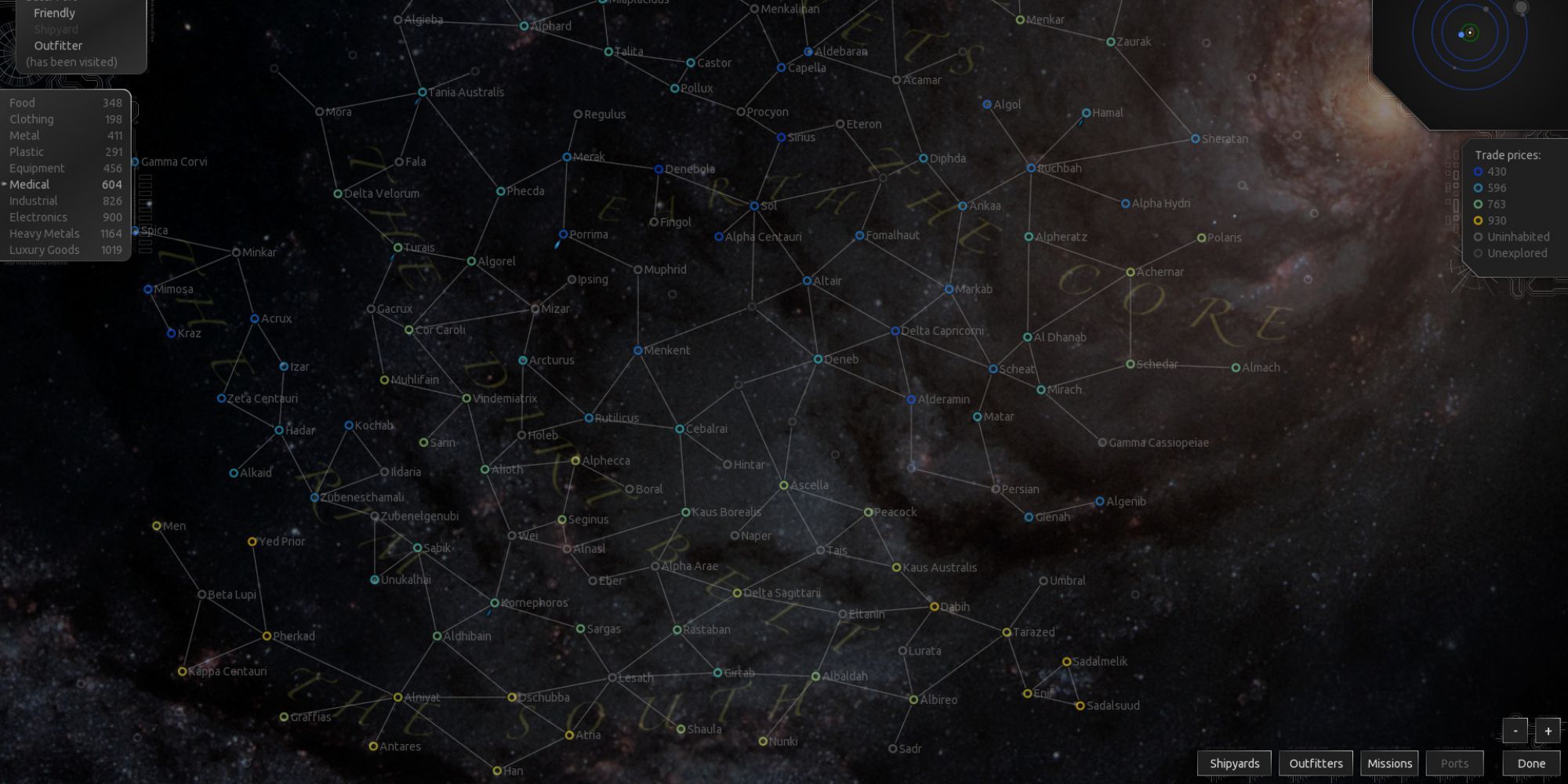 Star map showing routes between systems in Endless Sky