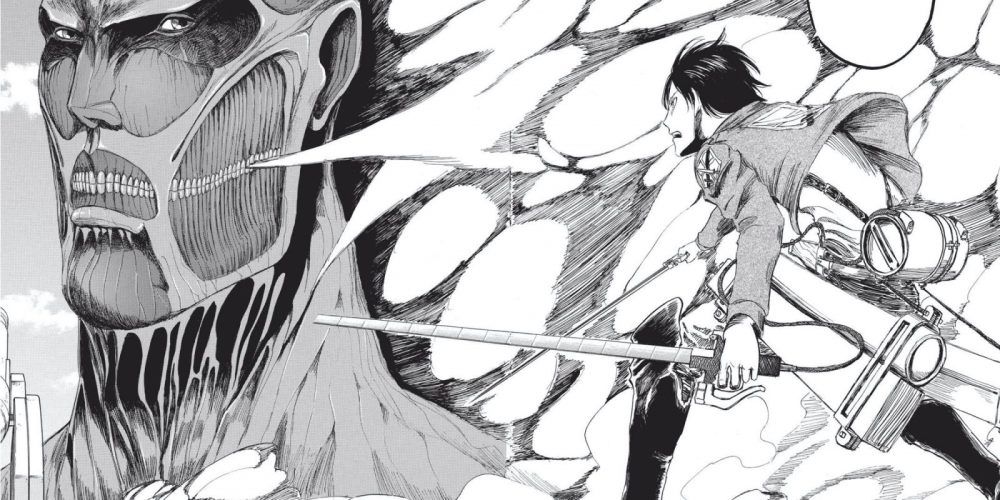 Eren facing off against the Colossal Titan in Attack on Titan