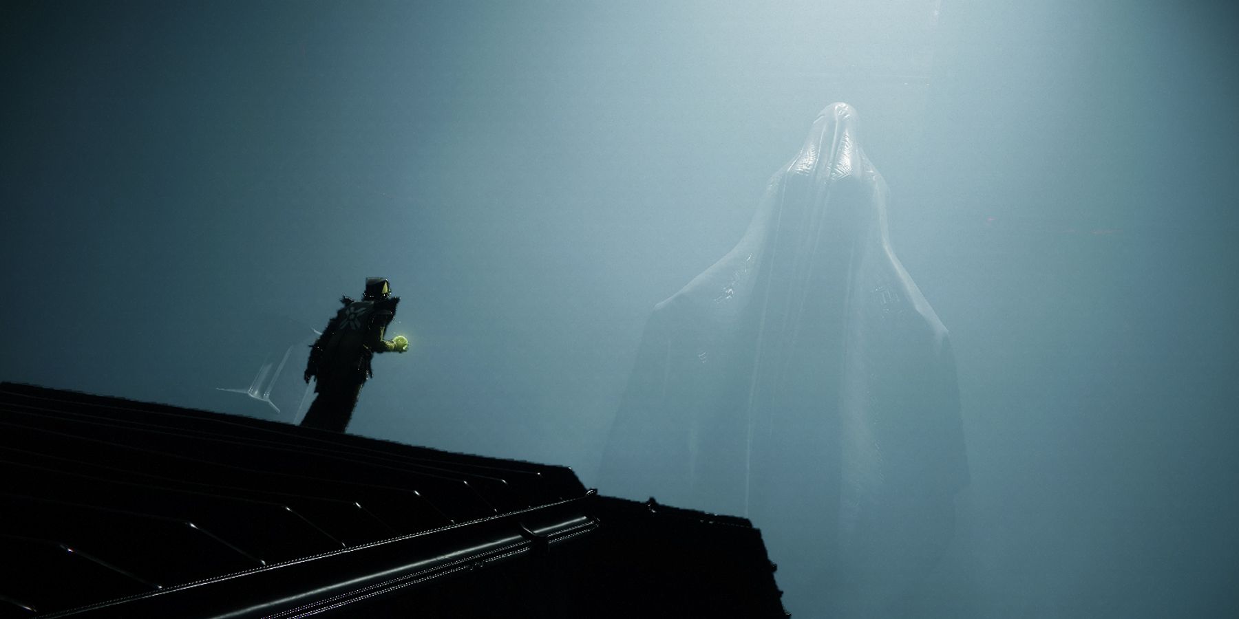 Eris Morn approaches a statue related to the Darkness in Destiny 2's Shadowkeep expansion.