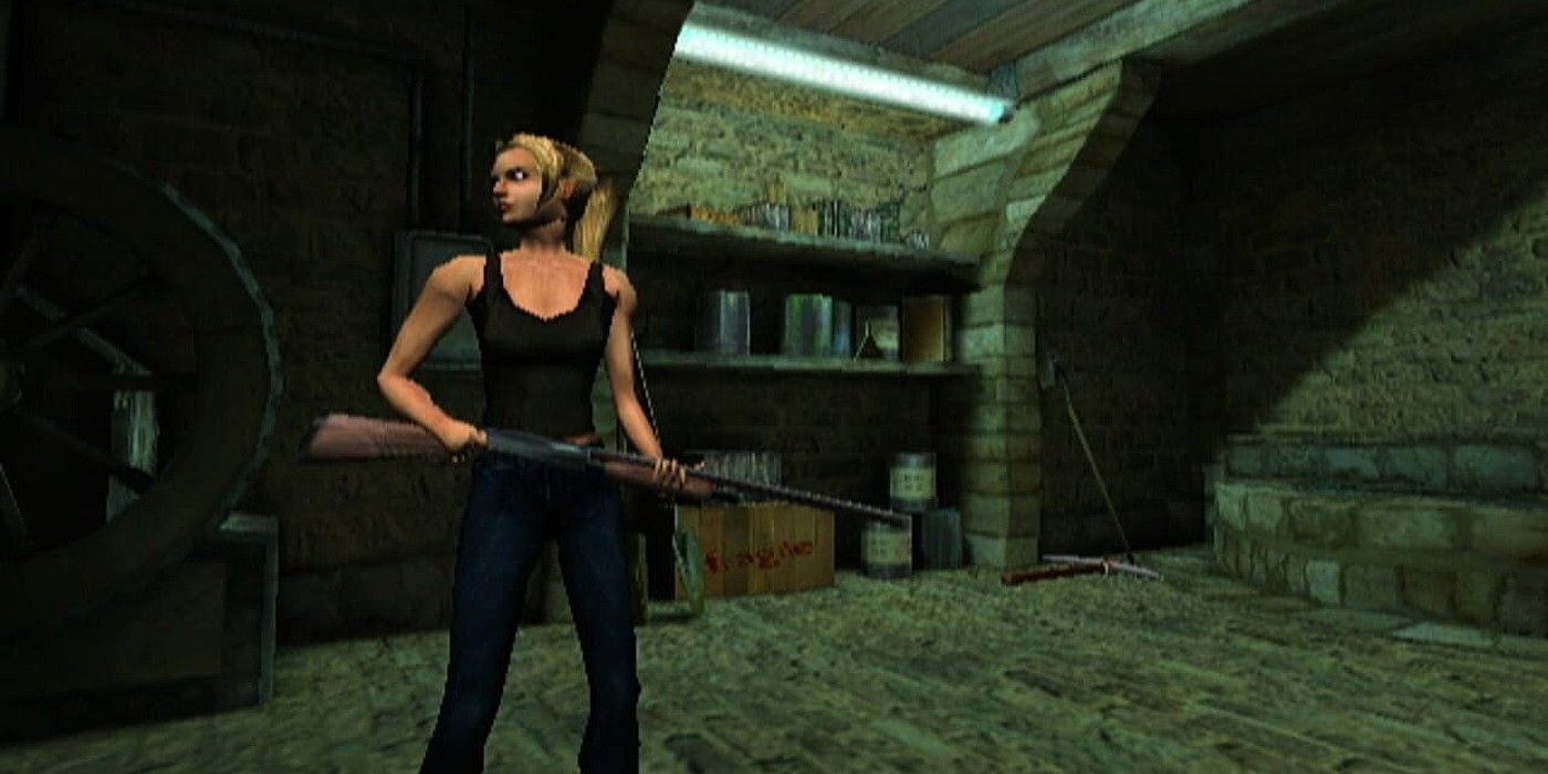 Alex looking to side holding large rifle in basement in Eternal Darkness