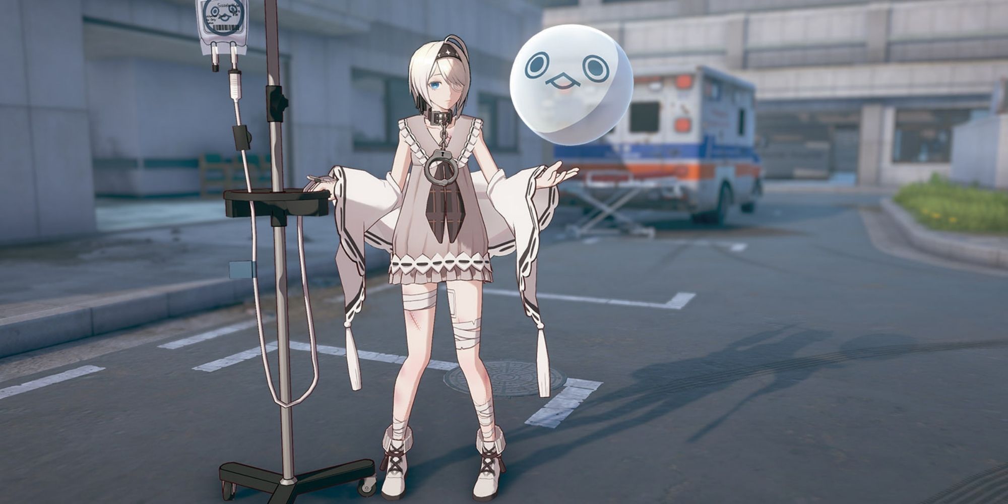 Eternal Return Sissela 3D Character Model holding her ball Wilson standing in front of a hospital.