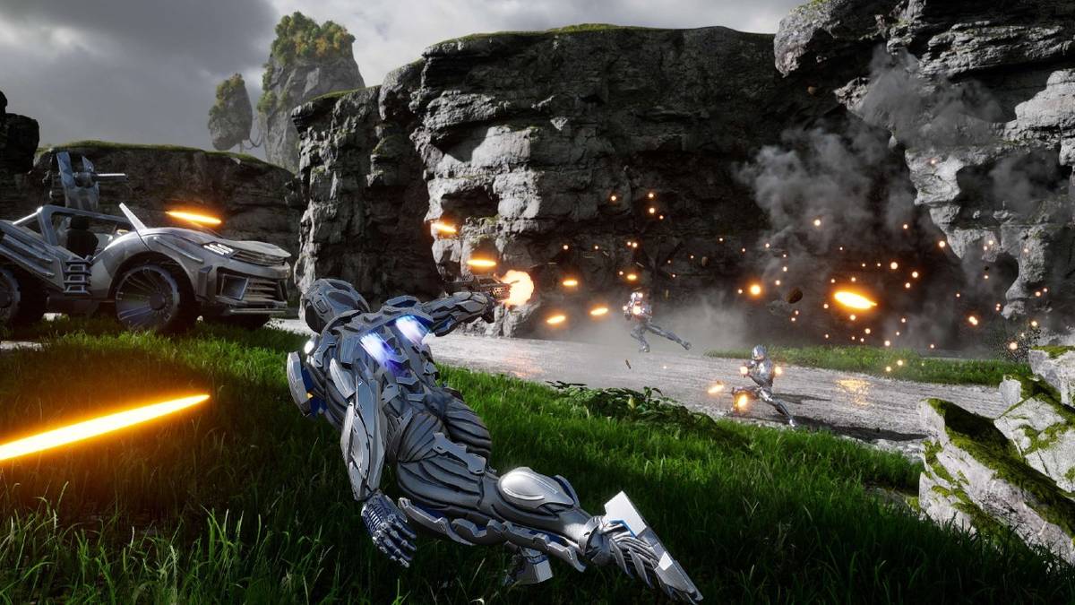 Soldiers dodging bullets with vehicle in background