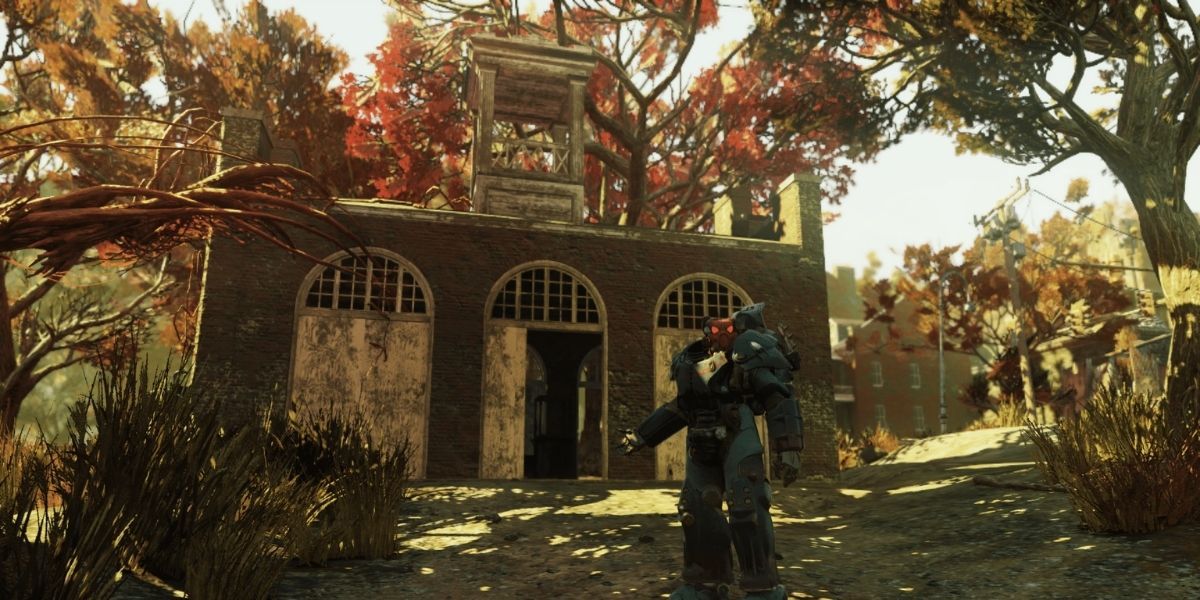 Fallout 76 Player in front of harpers ferry armory