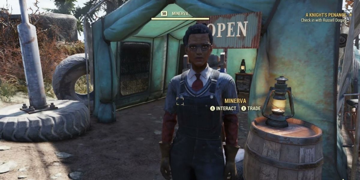 Fallout 76 Minerva gold bullion vendor standing by her tent