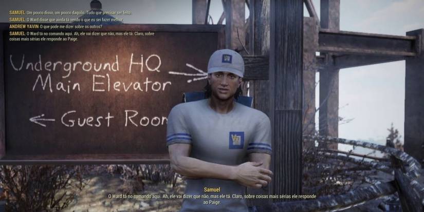 Fallout 76 Samuel gold bullion vendor leaning against sign