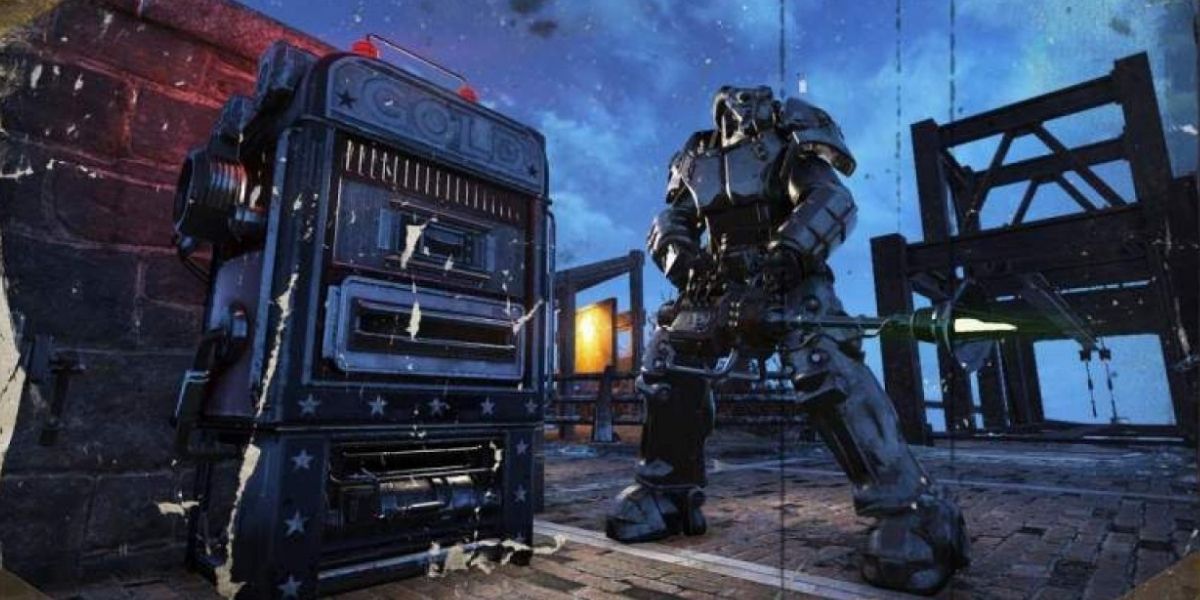 Fallout 76 Player in power armor standing next to a gold bullion vending machine