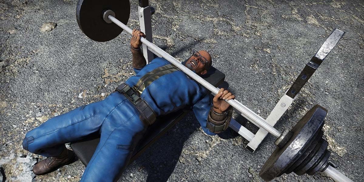 Fallout 76 player bench pressing a barbell