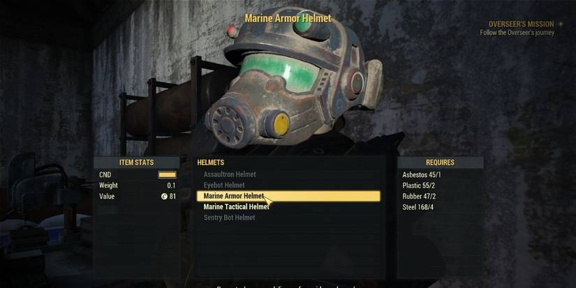 Fallout 76 Marine Armor Helmet Crafting Menu