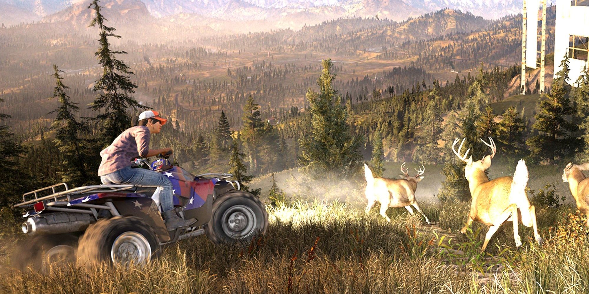 FarCry5, riding ATV's down a hill with deer