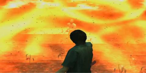 Character standing in front of flames, with a zombie-like creature standing behind it.