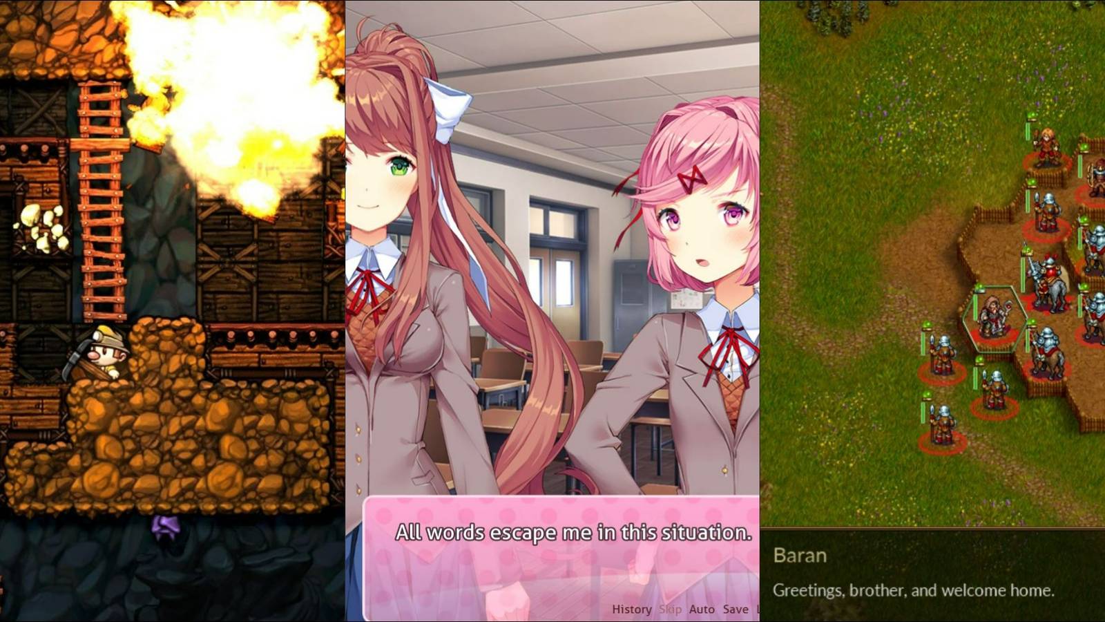 Spelunky in a cavern, two girls from Doki Doki Literature Club, and soldiers in Battle for Wesnoth