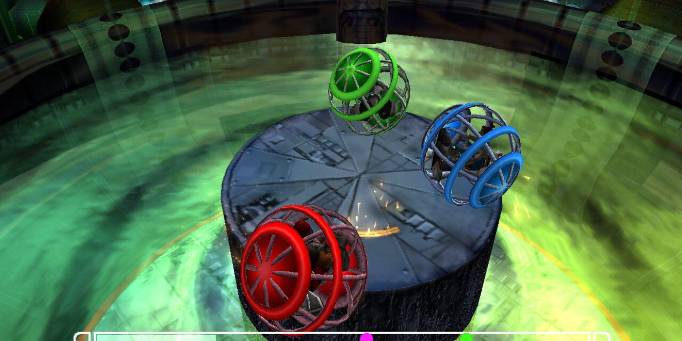 Fuzion-Frenzy players in spinning balls on platform