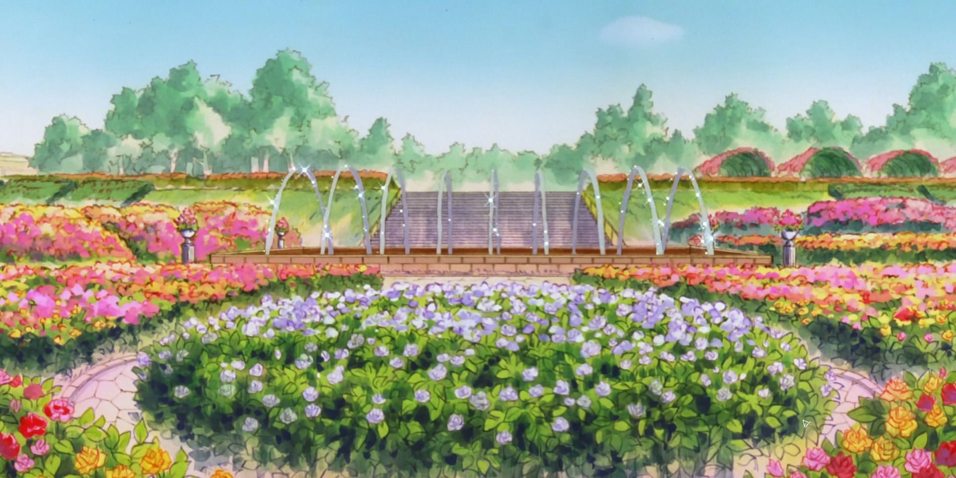 Gaea, Vision of Escaflowne, garden scene with a fountains and flowers