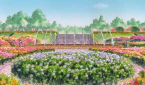 Gaea, Vision of Escaflowne, garden scene with a fountains and flowers